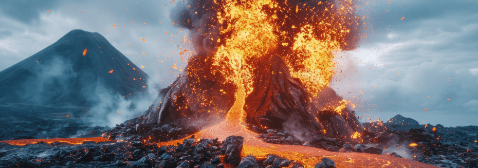Volcanic eruption with lava flowing down the mountain