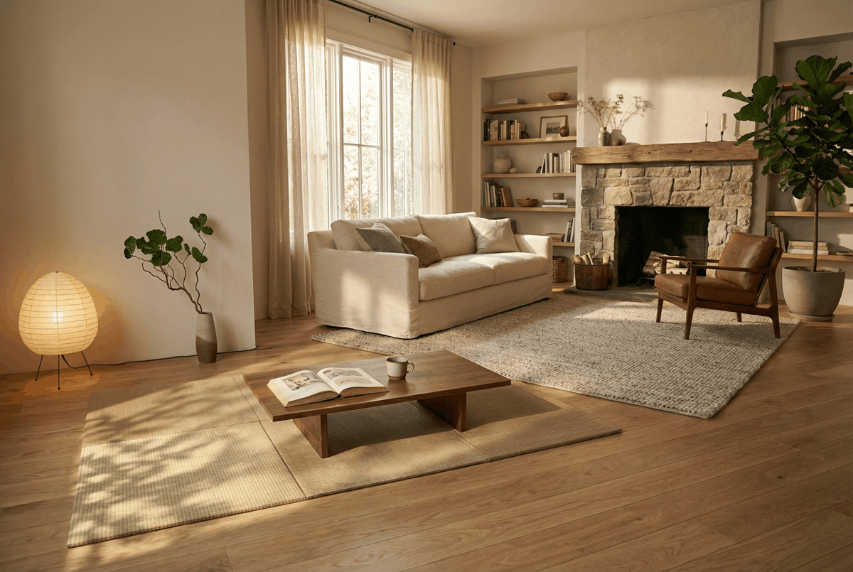 A calm living space with tatami mats and a stone fireplace