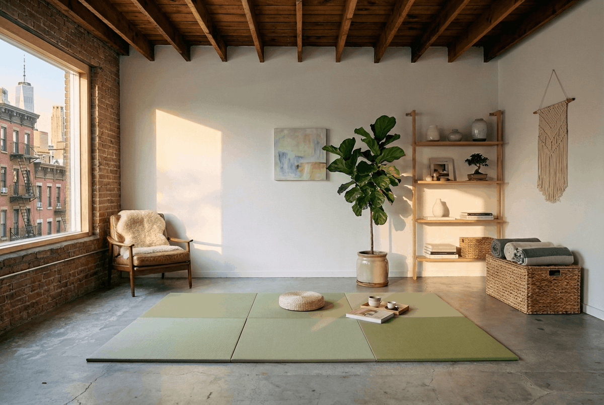 A simple loft space with green tatami mats and indoor plants
