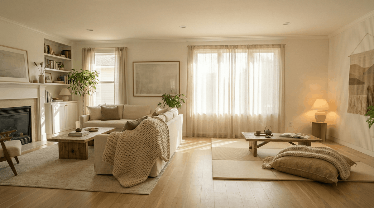 A bright living room with tatami mats, a sofa, and natural light