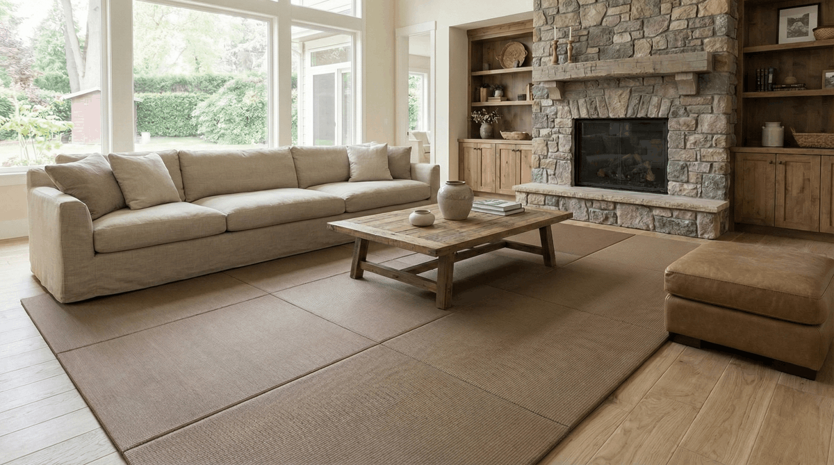 A calm living room with tatami mats, a sofa, and a stone fireplace