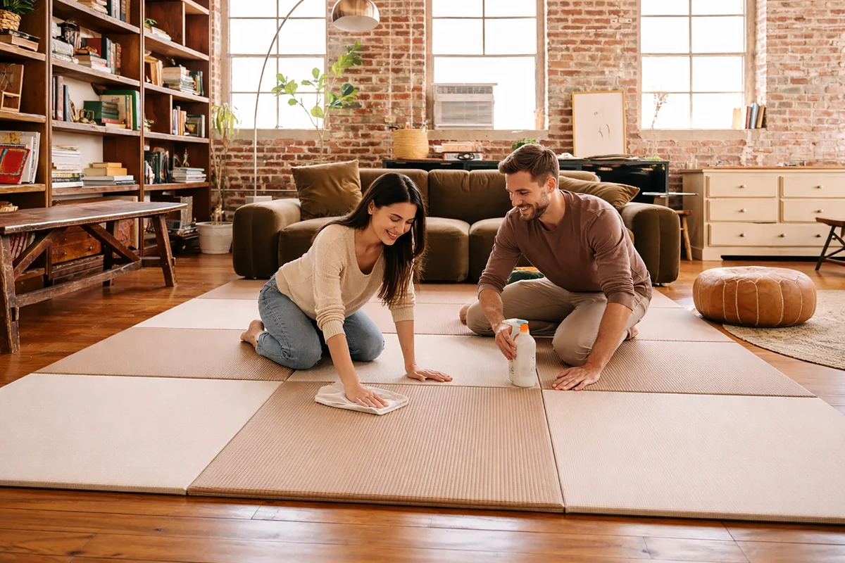 A smiling couple cleaning two-tone modular tatami mats on the floor of a rustic living room.