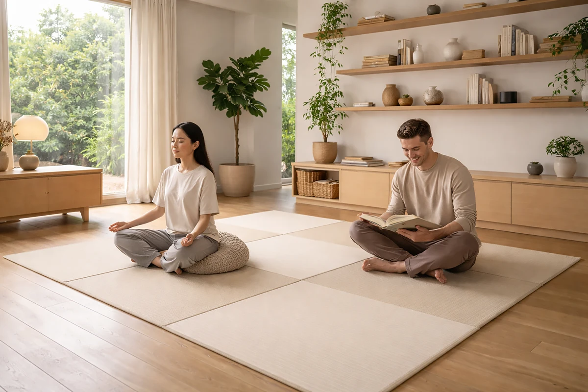 A woman meditating and a man reading a book, both sitting cross-legged on light beige modular tatami mats in a bright, modern living room.