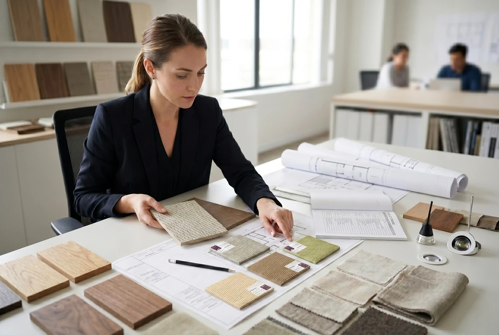 A designer reviewing tatami and material samples on a table