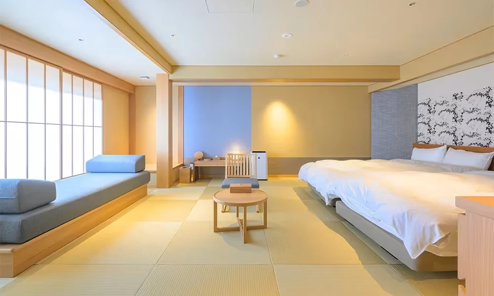 A Japandi-style living space with tatami mats and low furniture