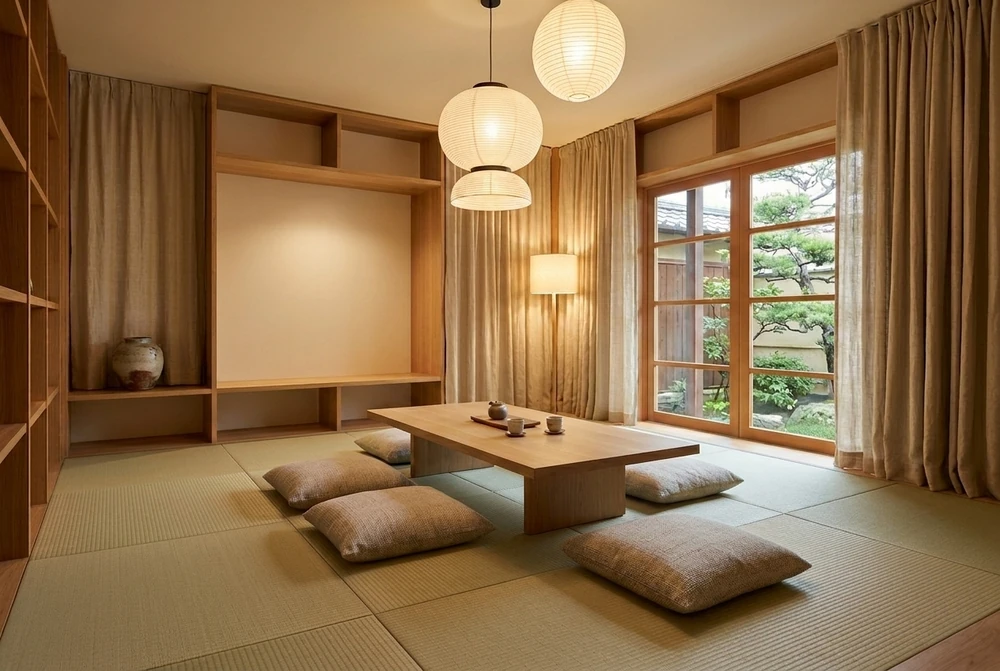 A tatami room with a low table, floor cushions, and paper lantern lighting